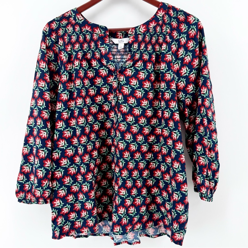 Croft & Barrow Floral Peasant Blouse Navy Blue Red White Smocked Women’s Large